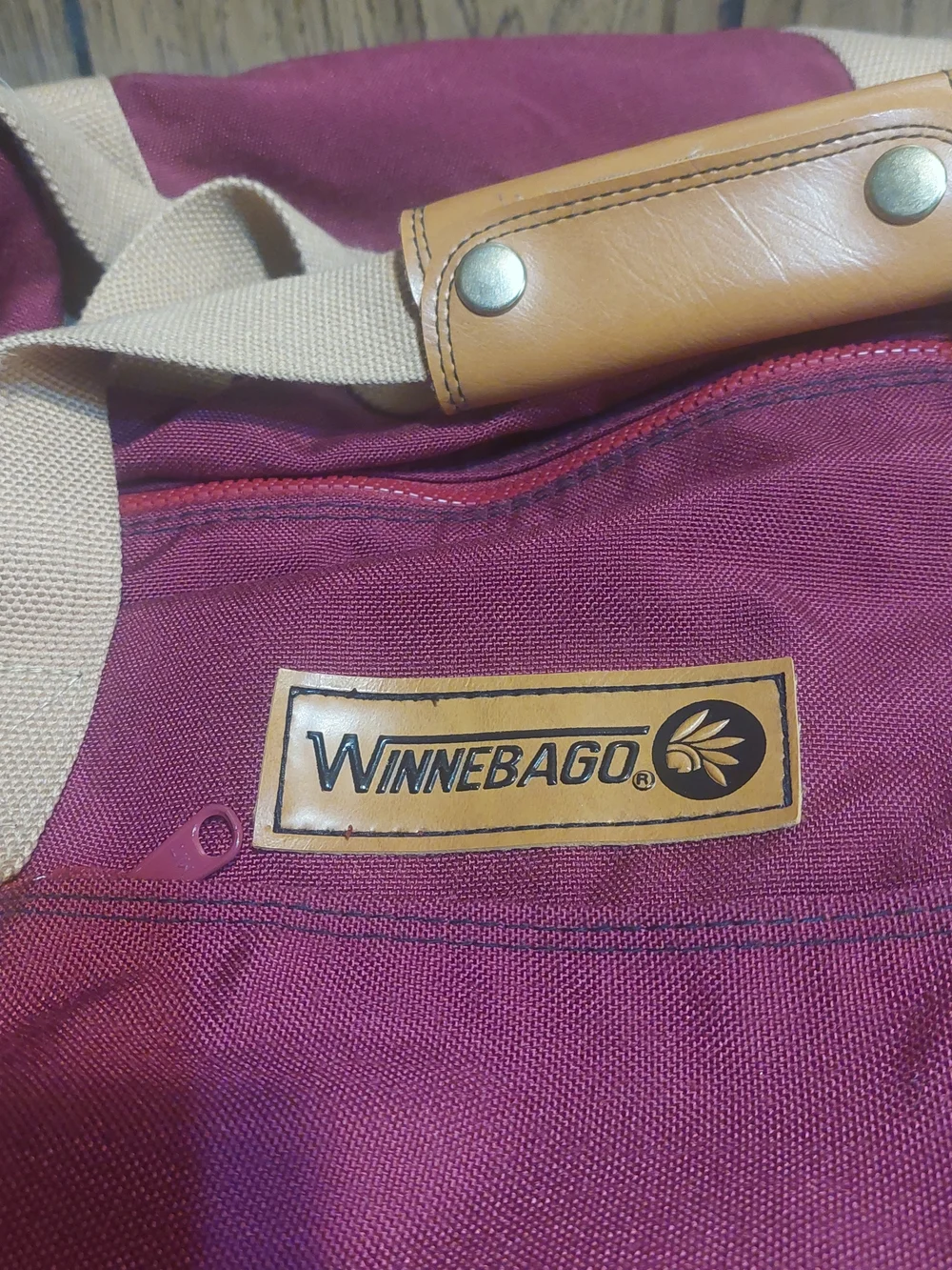 Vintage 80s Winnebago Canvas Duffel Bag Maroon Zipper 3 Compartments Strap